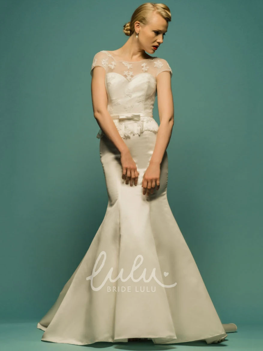 Mermaid Maxi Satin Wedding Dress with Peplum and Short Sleeves