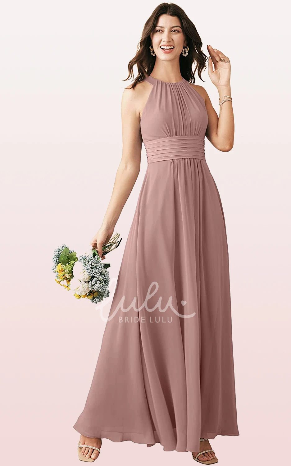 Halter Chiffon Ankle-Length A-Line Bridesmaid Dress with Ruching Boho & Beachy
