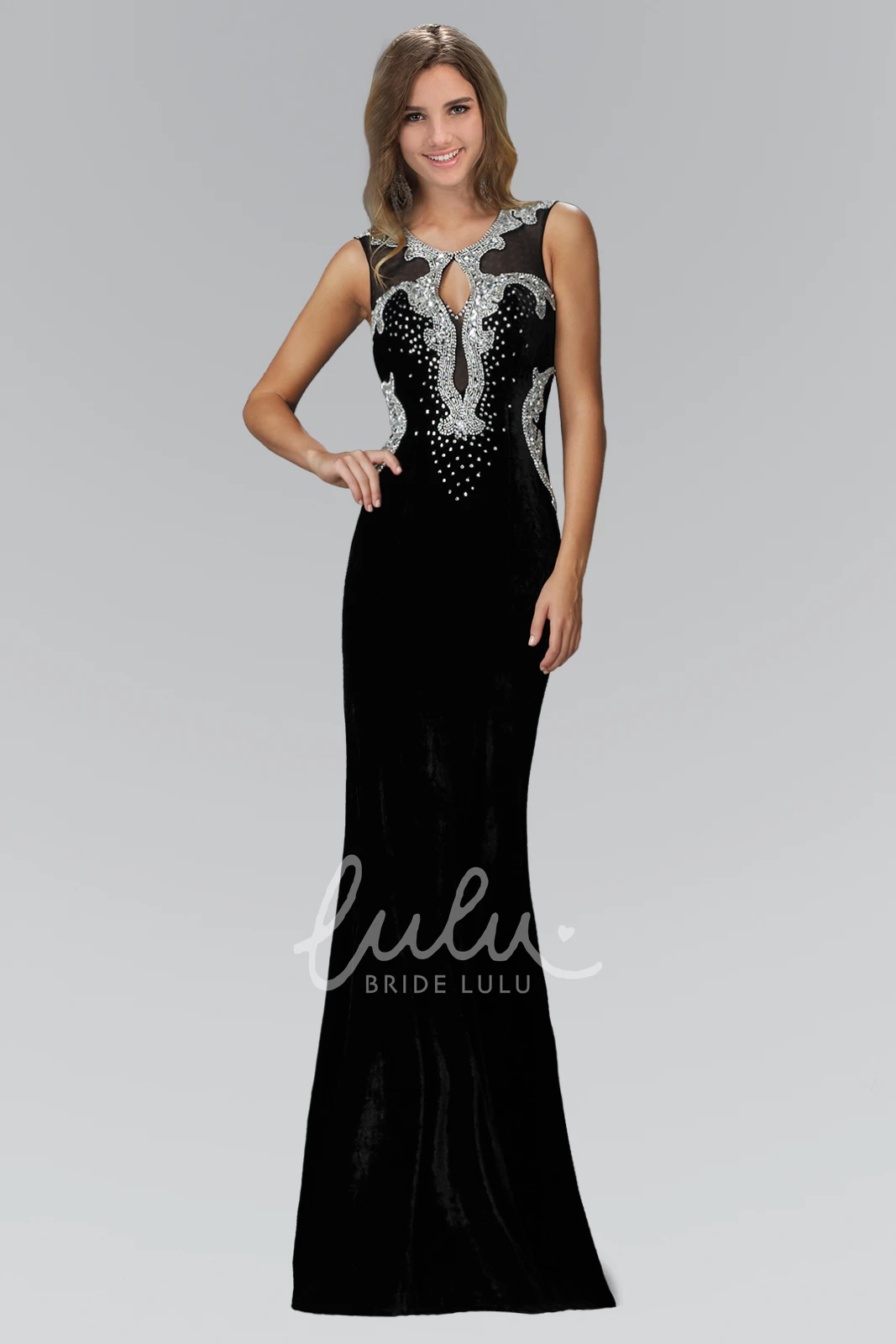 Sleeveless Scoop-Neck Jersey Formal Dress with Beading and Keyhole