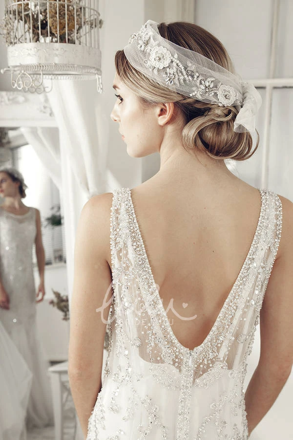 Sleeveless V-Neck Tulle Beaded Wedding Dress