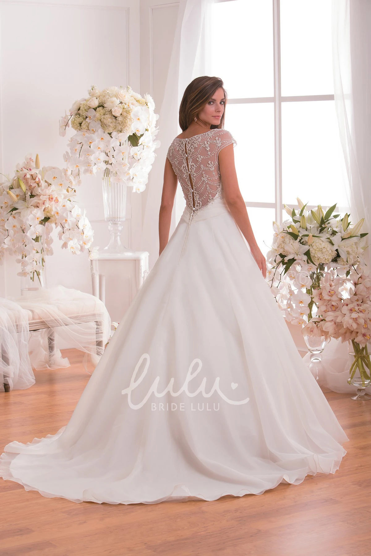 Crystal Illusion Cap-Sleeved A-Line Wedding Dress with V-Neck