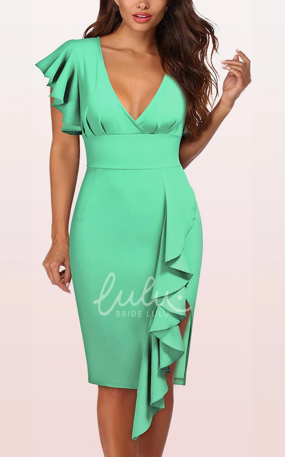 Short Sleeve Taffeta Ruffle Pencil Formal Dress with Modern Zipper