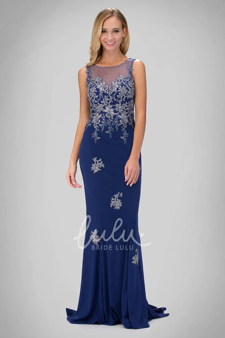 Sleeveless Jersey Illusion Formal Dress with Beading Sheath Scoop-Neck