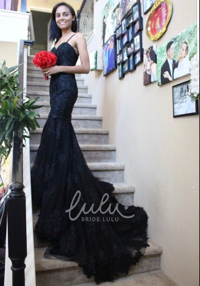 Sleeveless Chapel Train Straps Appliques Lace Black Wedding Dress