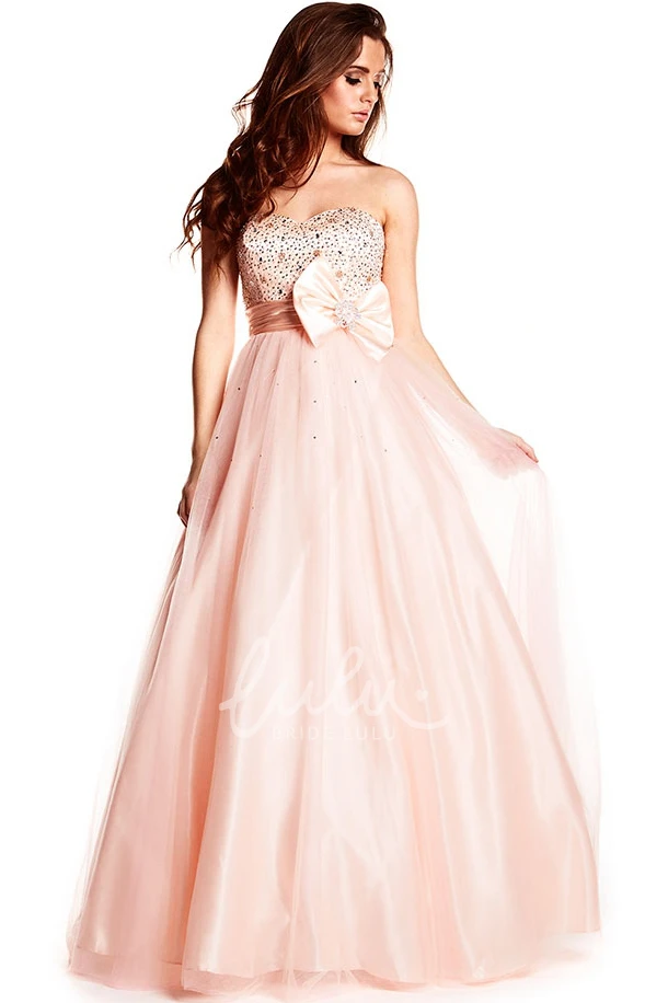 Maxi A-Line Tulle and Satin Prom Dress with Beaded Bodice and Strapless Design