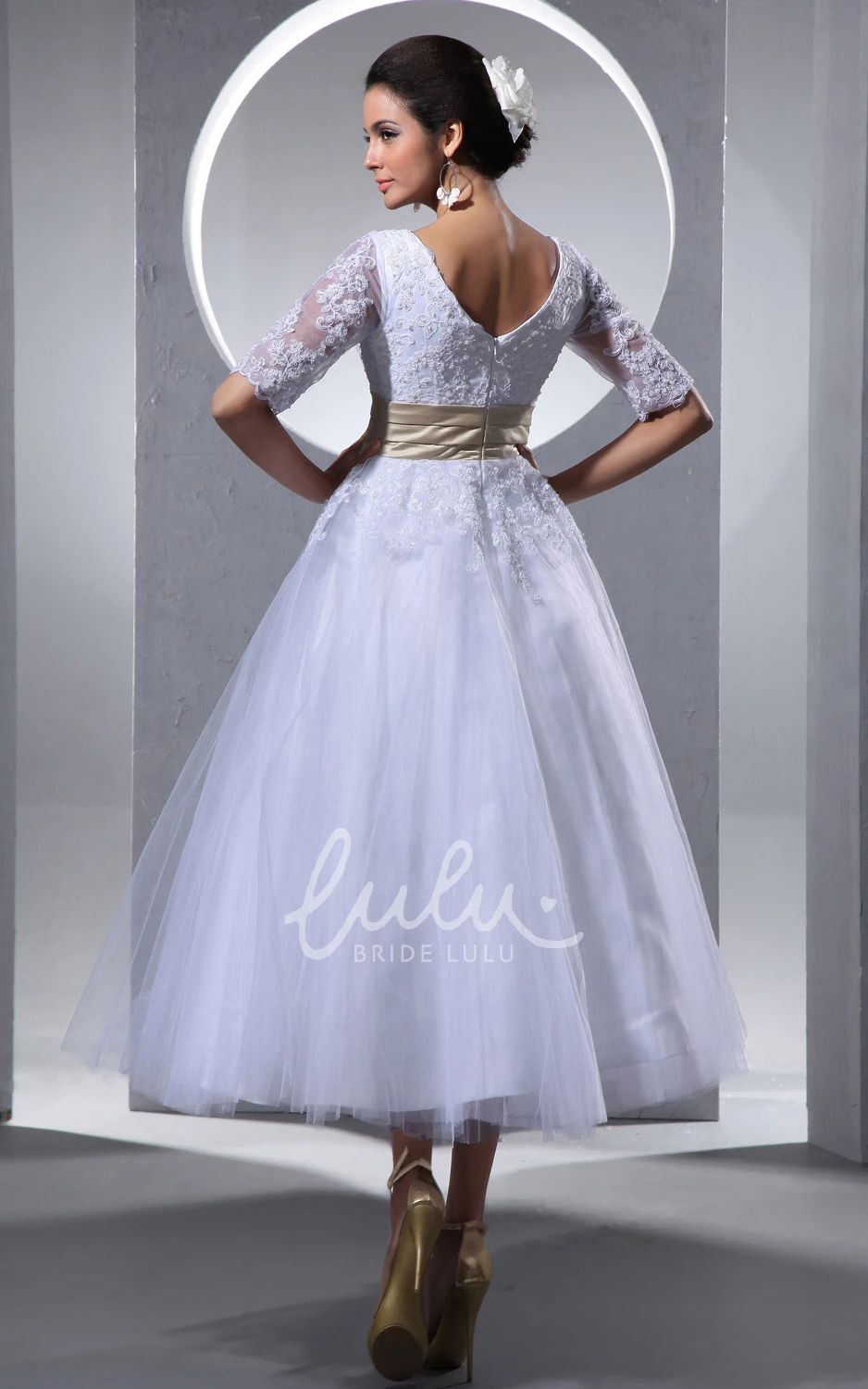 Half-Sleeve Tea-Length Dress with Soft Tulle Glam & Classic