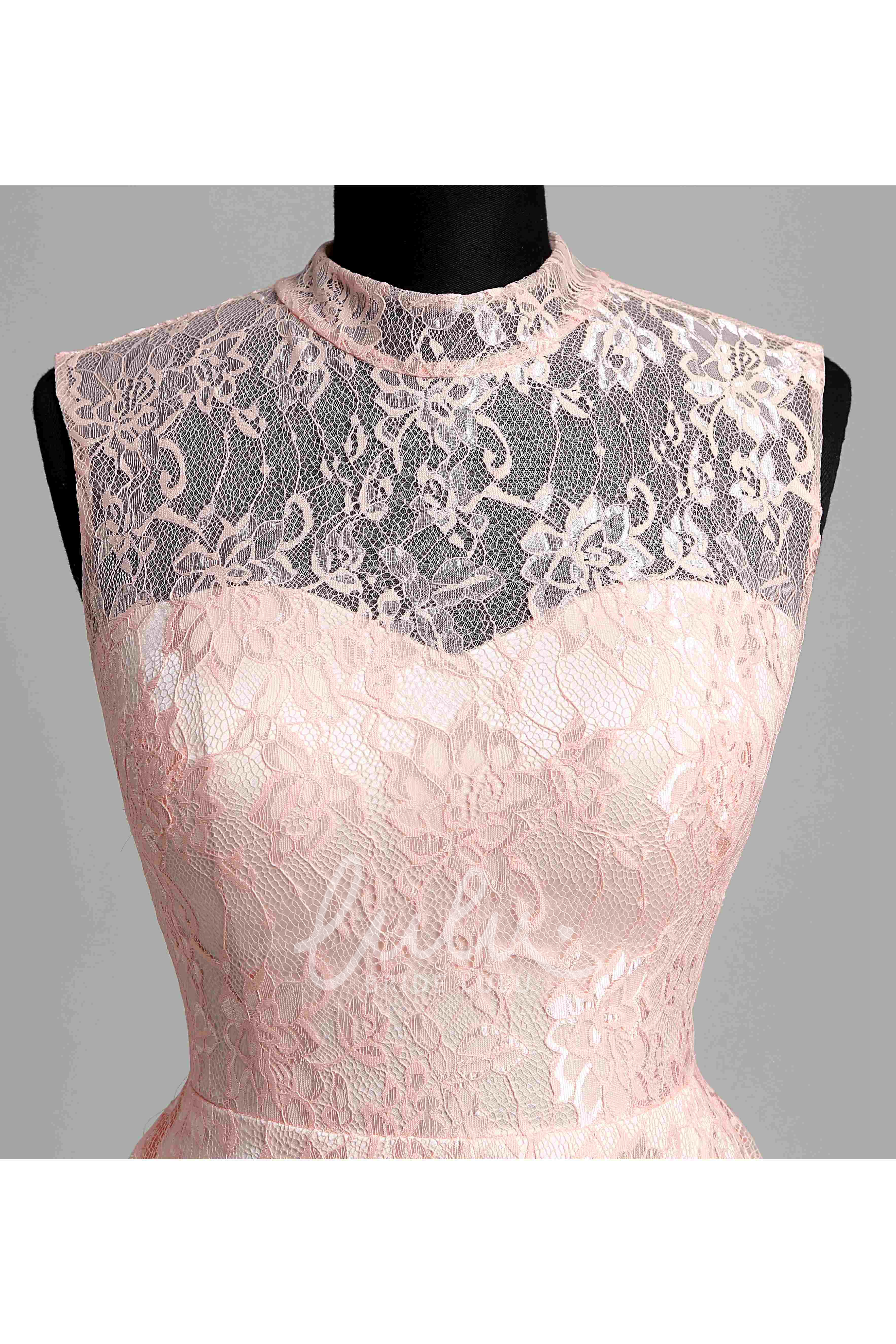Sleeveless High Neck Lace Bridesmaid Dress with A-line Silhouette