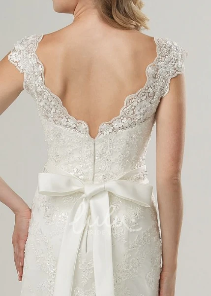 Cap-Sleeve Jeweled Lace Wedding Dress with V-Neck Sheath Bridal Gown