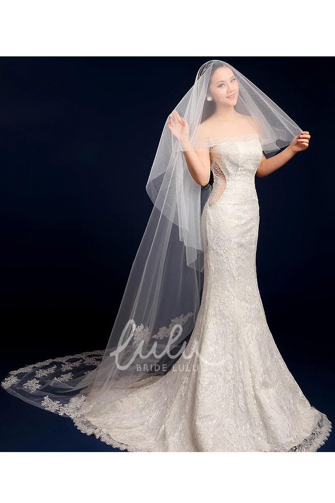 Cathedral Tulle Wedding Veil with Lace Edge and Appliques Classic Bridal Dress Accessory