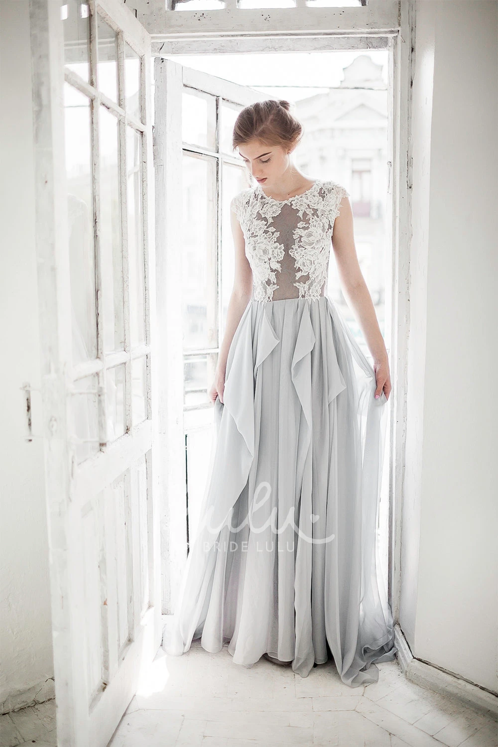 A-Line Chiffon Draped Dress with Lace Applique Top Sleeveless Jewel Neckline