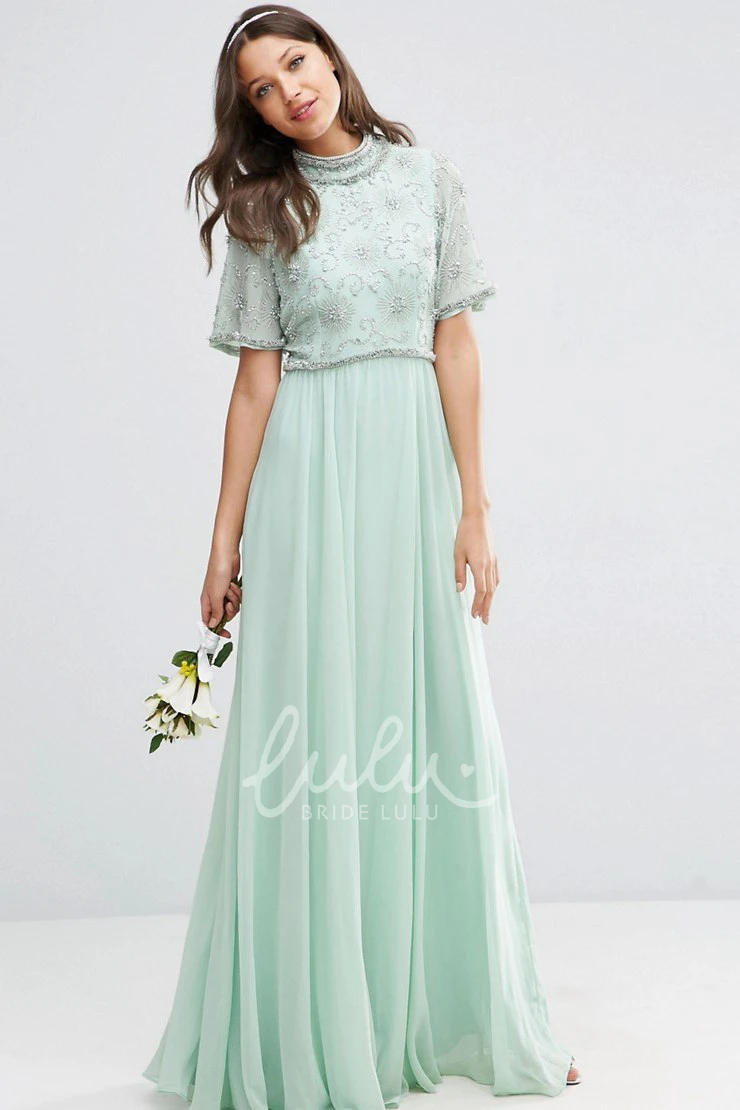 High Neck Bell Sleeve Chiffon Bridesmaid Dress with Pleats Floor-Length