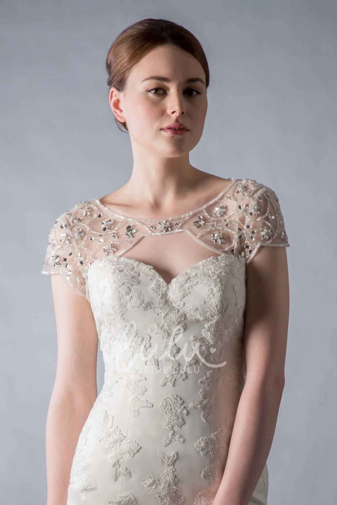 Beaded Lace Mermaid Wedding Dress with Cap Sleeves and Keyhole Elegant Bridal Gown