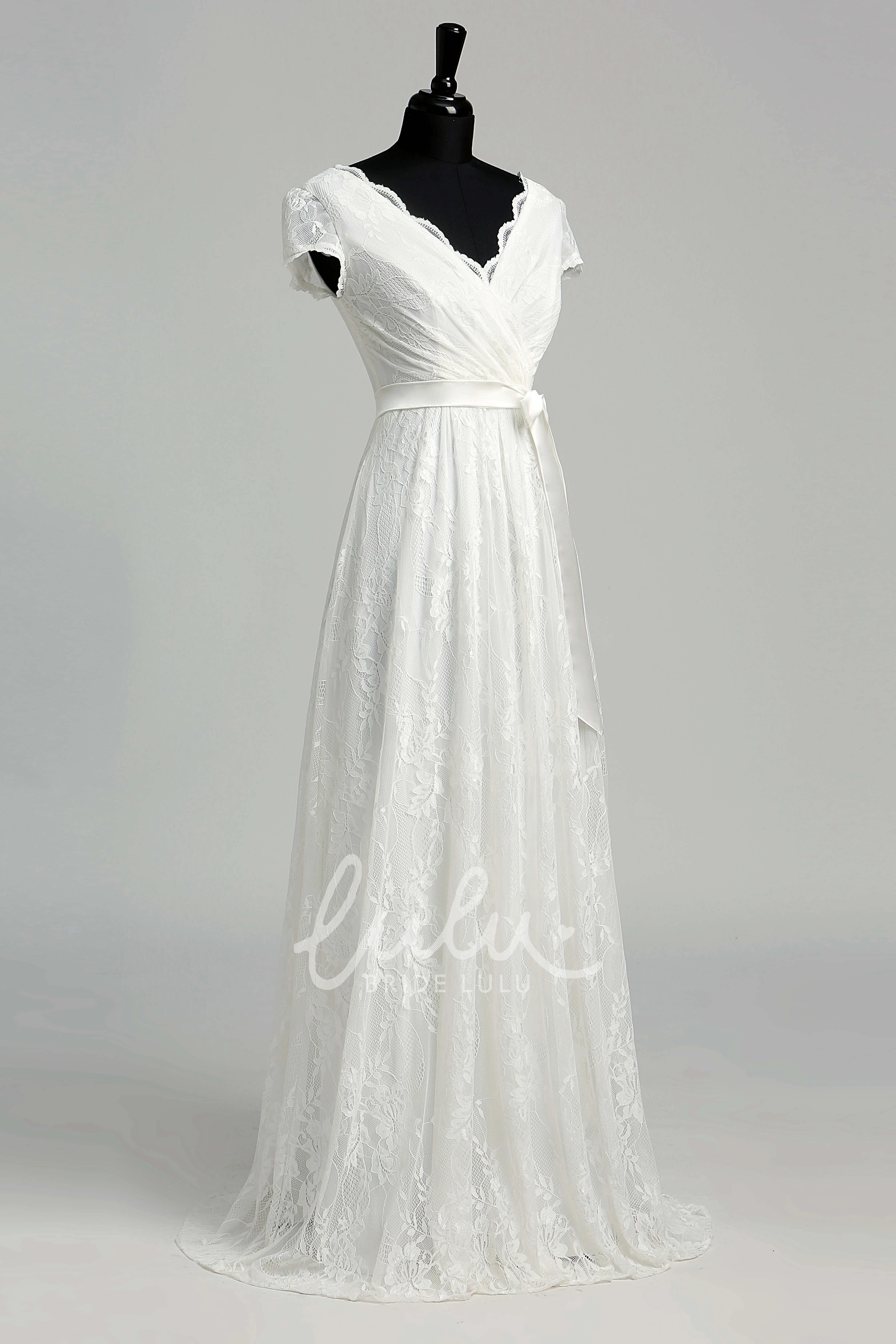 Lace A-Line Garden Wedding Dress with Floor-Length Bow and Sash Ribbon