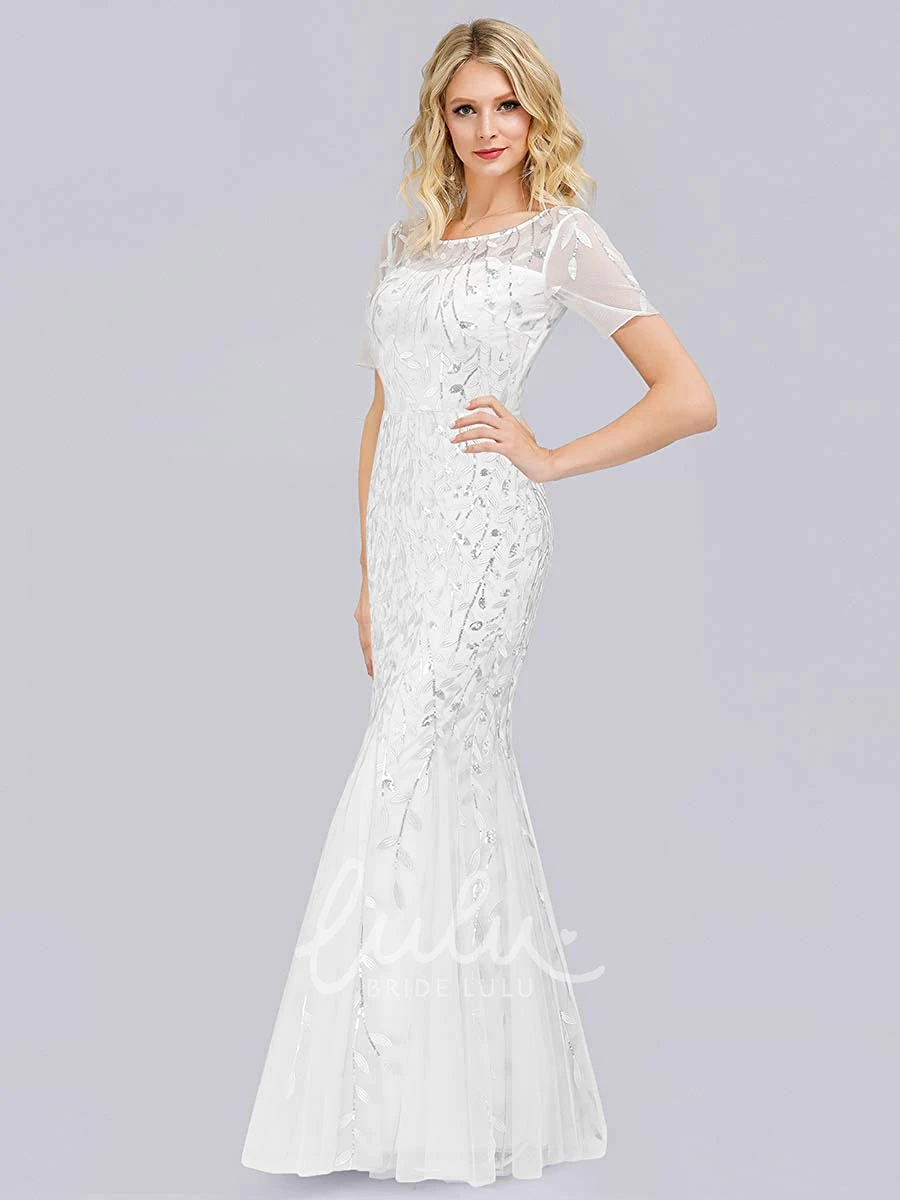 Sequin Trumpet Illusion Prom Dress with Short Sleeves and Pleats