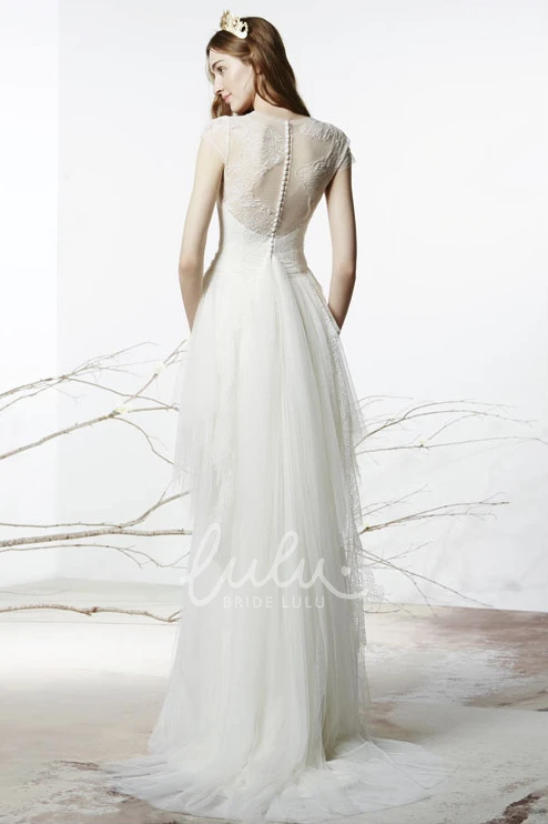 Short-Sleeve Tulle Sheath Wedding Dress with Illusion Scoop Neck