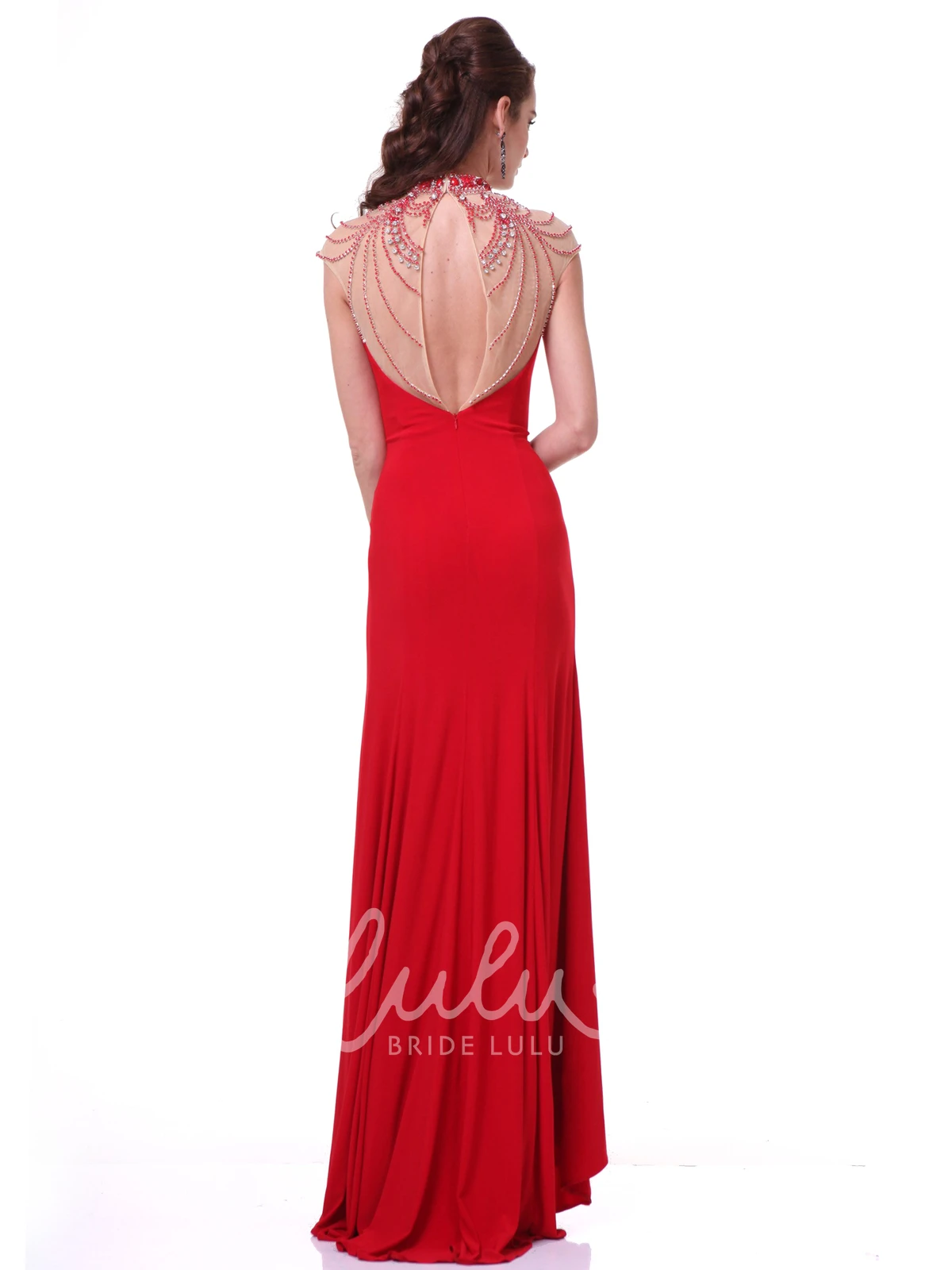 High Neck Cap-Sleeve Jersey Formal Dress With Crystal Detailing Sheath