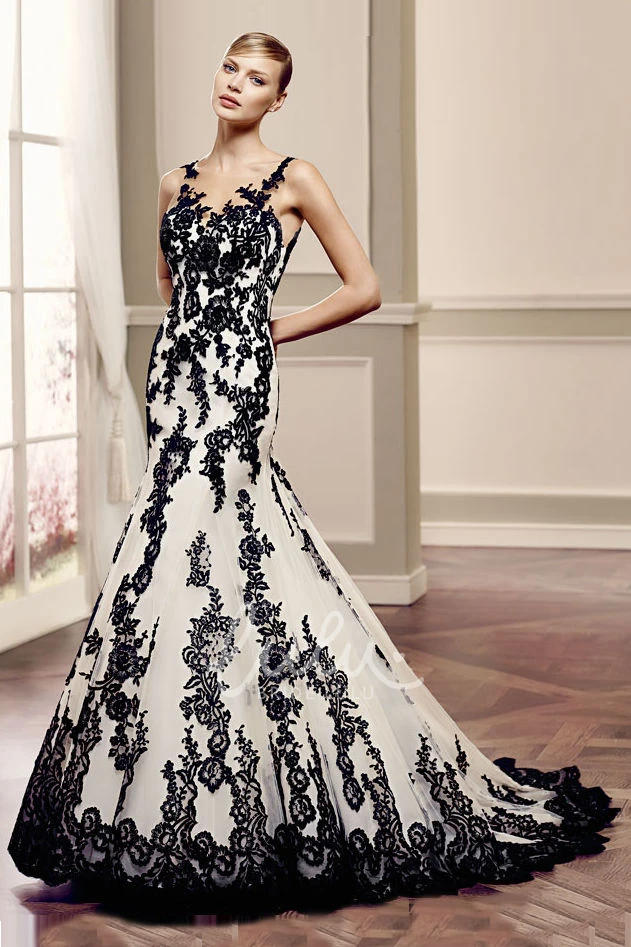 Bateau Neckline Lace Wedding Dress with Illusion Back and Court Train Mermaid Bridal Gown