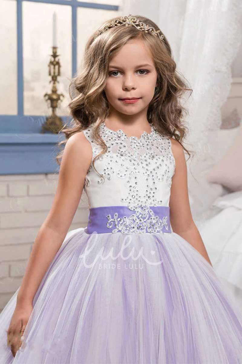 Floor-length Tulle Wedding Dress with Bow Ball Gown Sleeveless Scoop