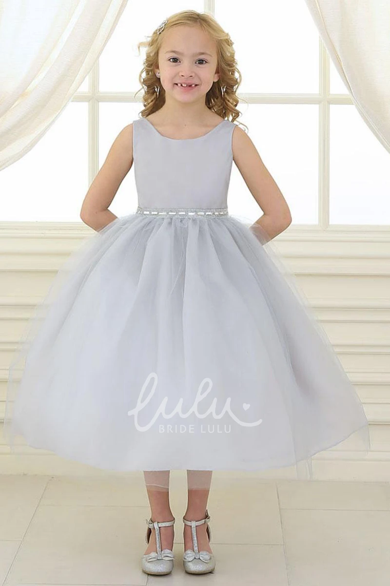 Beaded Satin Flower Girl Dress with Tulle Skirt