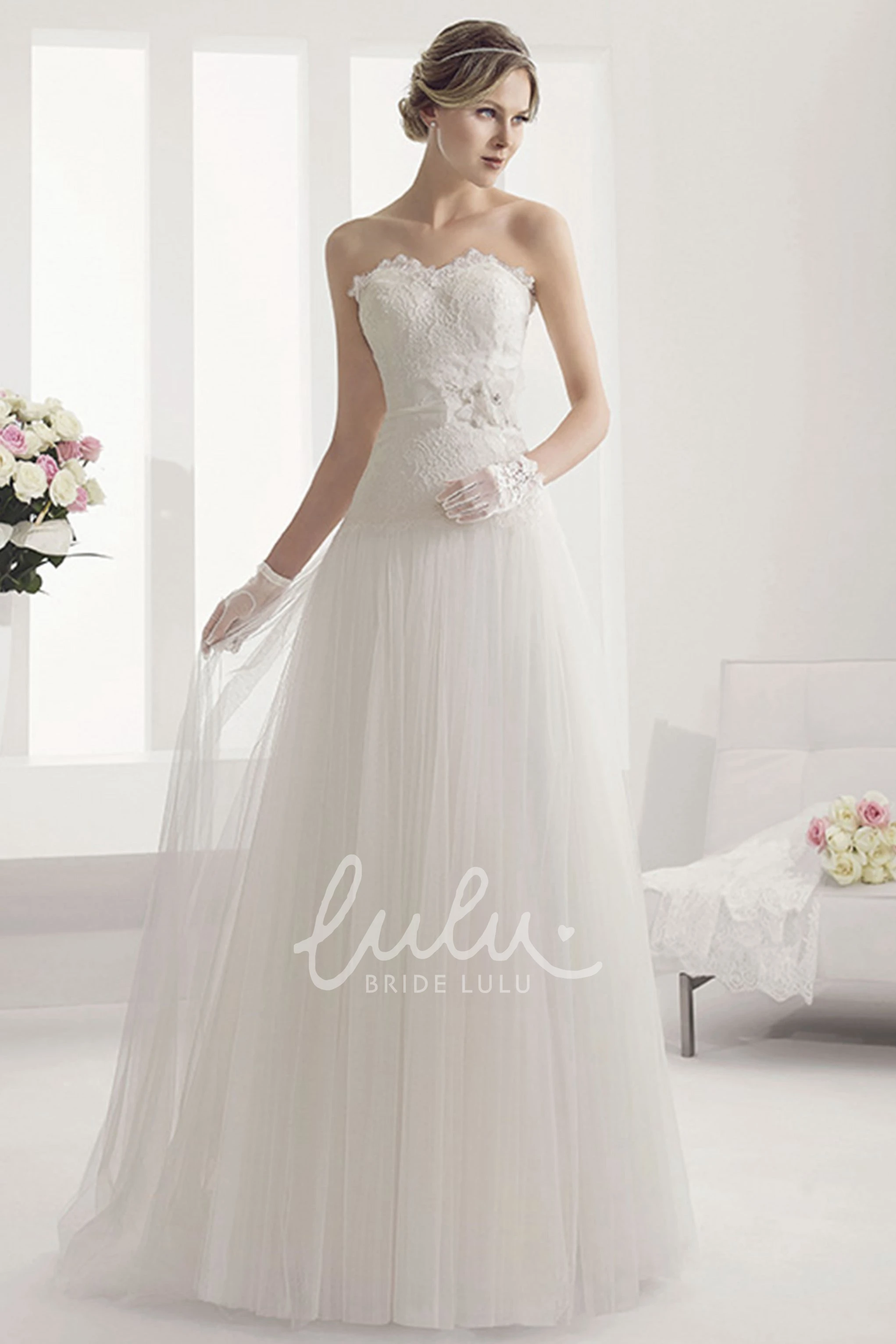 Lace Top Tulle Ball Gown with Drop Waist Elegant Wedding Dress