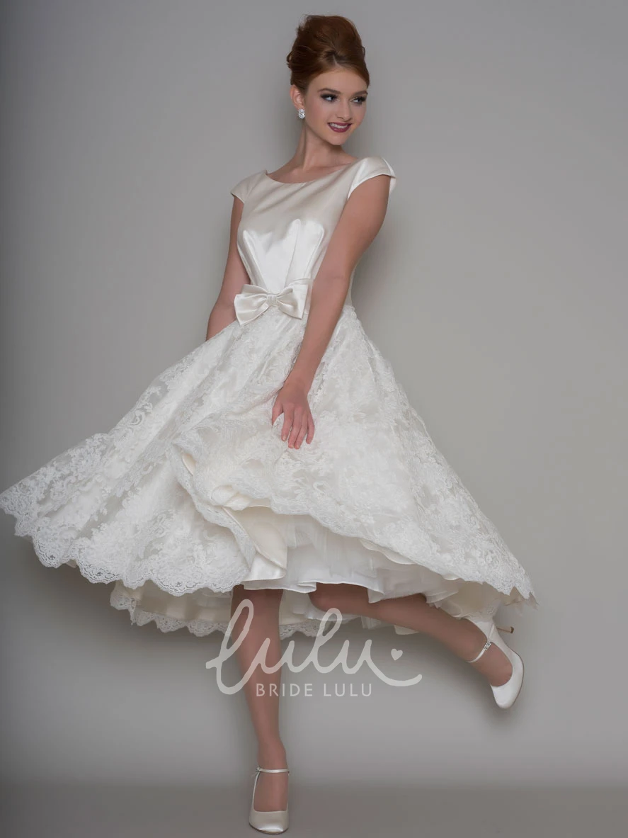 Appliqued Cap Sleeve Scoop Neck A-Line Tea-Length Wedding Dress