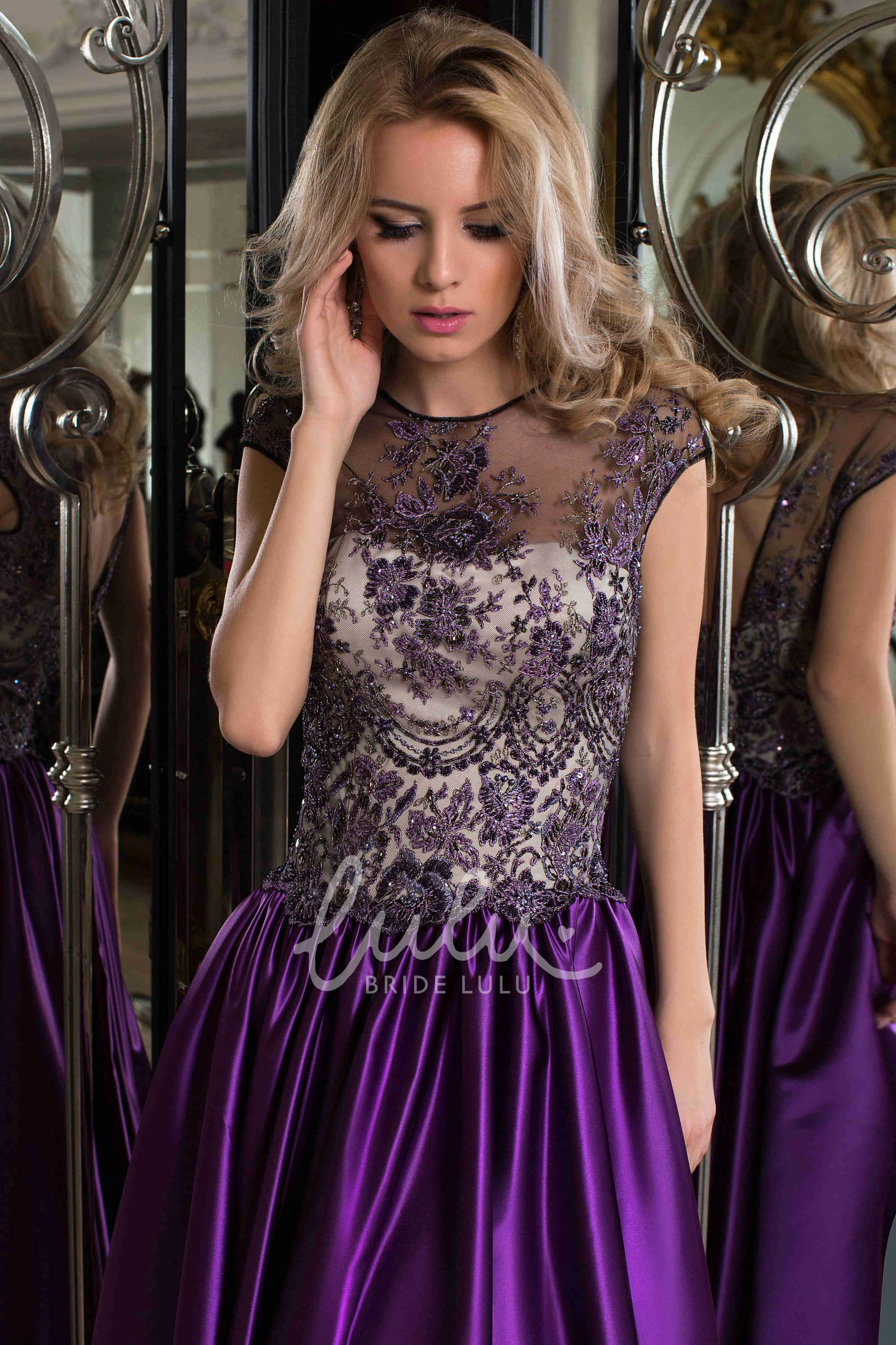 Satin A-Line Prom Dress with Cap Sleeves and Lace-Up Back