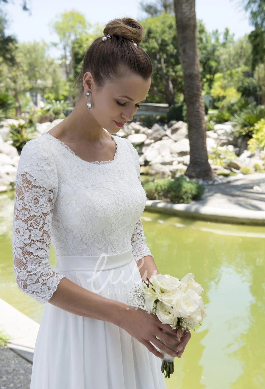 Modest Lace Chiffon Beach Wedding Dress with Scoop Neck and Sleeves Casual Bridal Gown