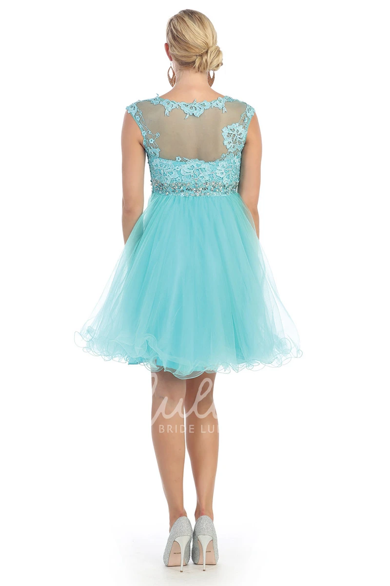 Cap-Sleeve Jewel-Neck A-Line Dress with Waist Jewelry and Appliques