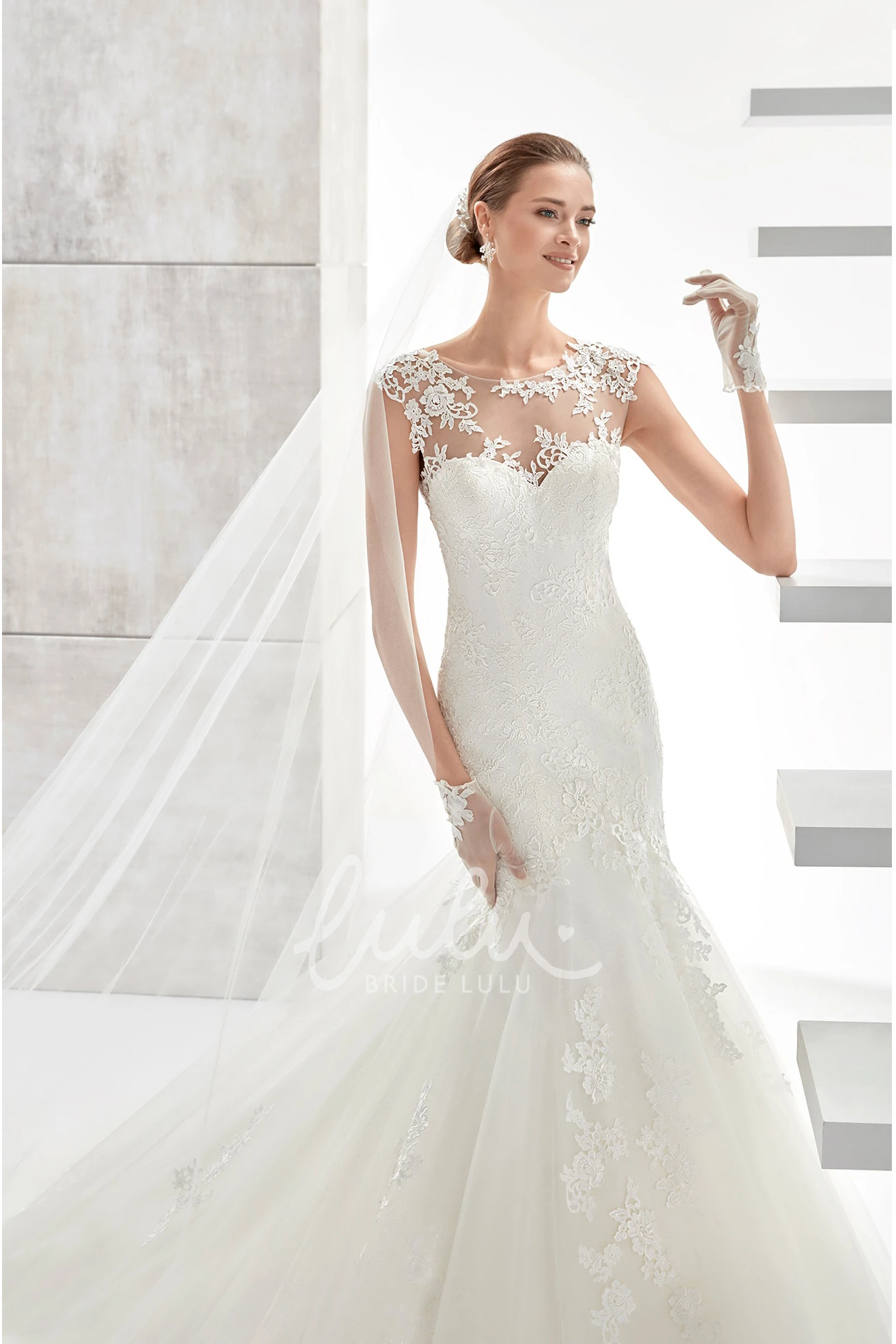 Illusive Mermaid Wedding Dress with Court Train and Jewel Neckline