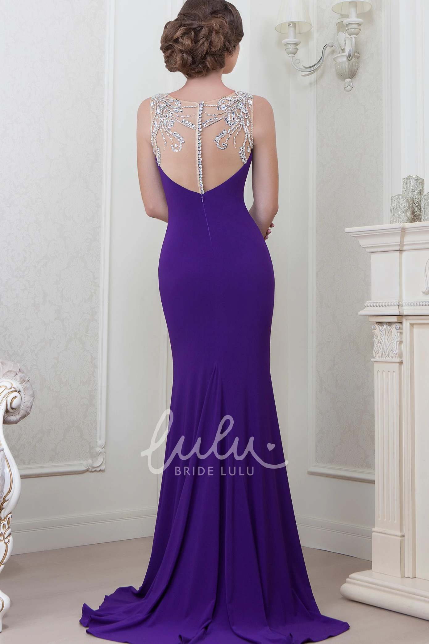 Beaded Sleeveless Jewel-Neck Sheath Evening Dress