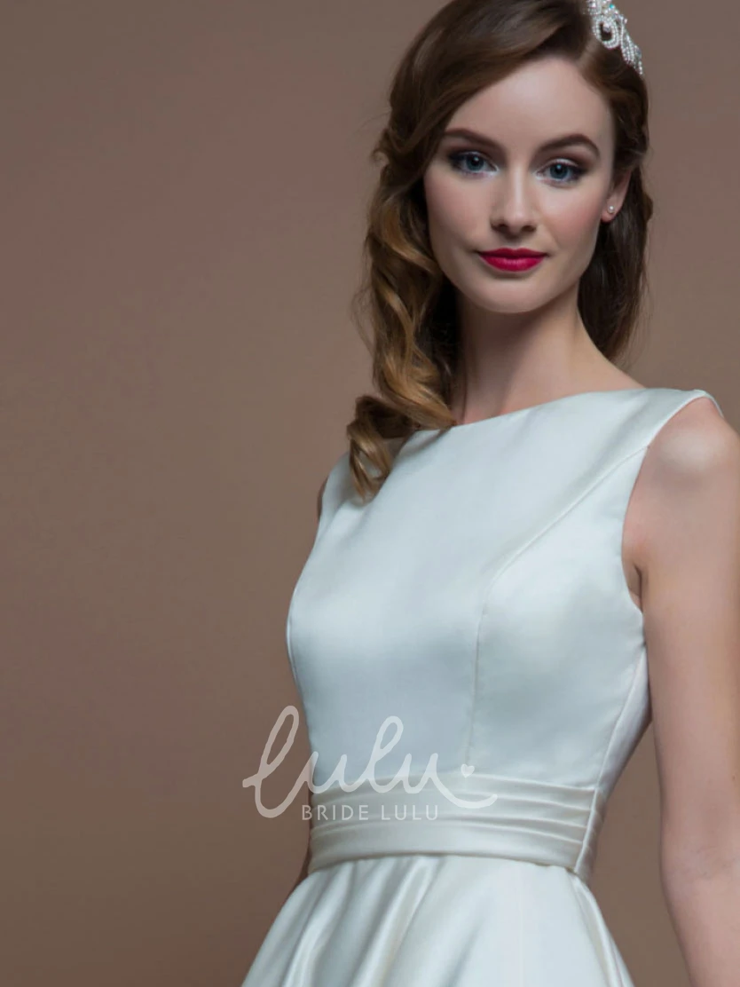 Jewel-Neck Satin Tea-Length Wedding Dress with Sleeveless A-Line and V Back