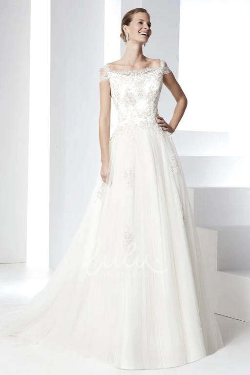 Cap Sleeve Appliqued Tulle Wedding Dress Beautiful A-Line Style