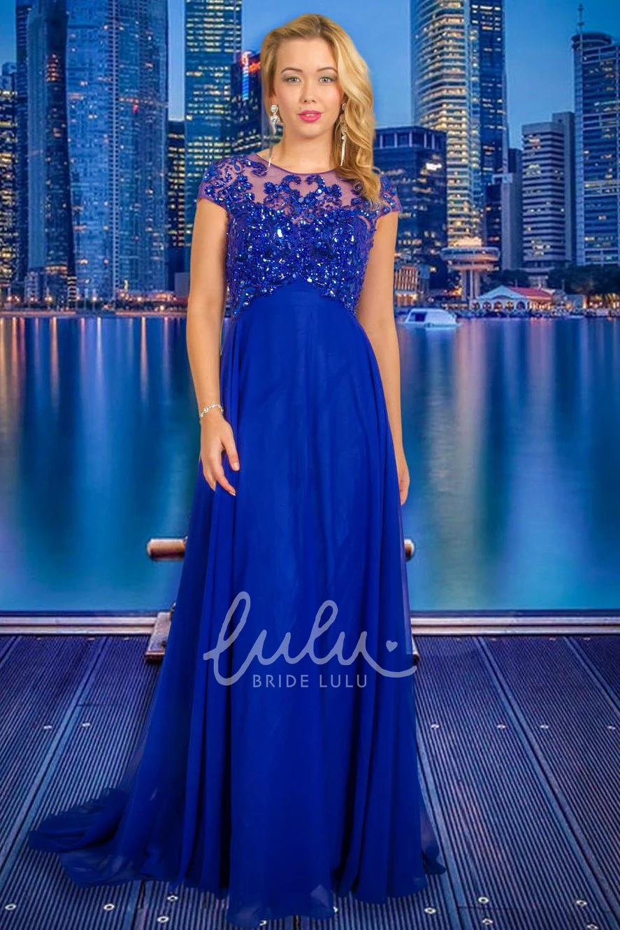 A-Line Beaded Chiffon Prom Dress Floor-Length Scoop-Neck Cap-Sleeve