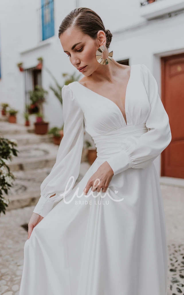 Romantic Wedding Dress with Button Back and Ruching V-neck A-Line Chiffon