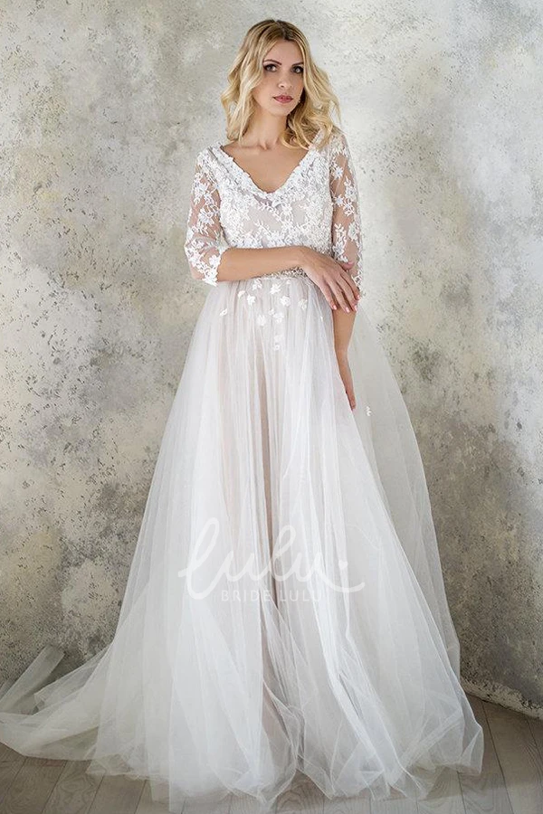 Beaded Lace Satin Wedding Dress with Tulle Sequins Sleeves
