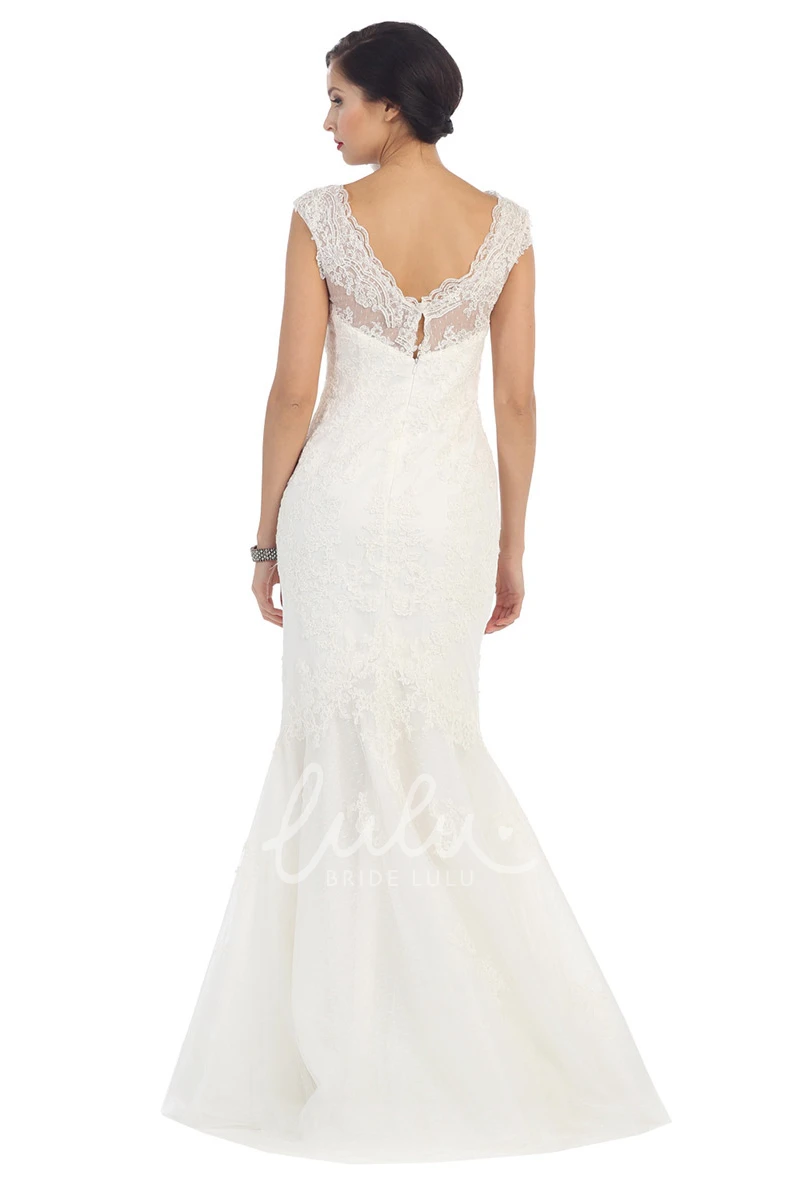 Bateau Cap-Sleeve Lace Applique Maxi Formal Dress