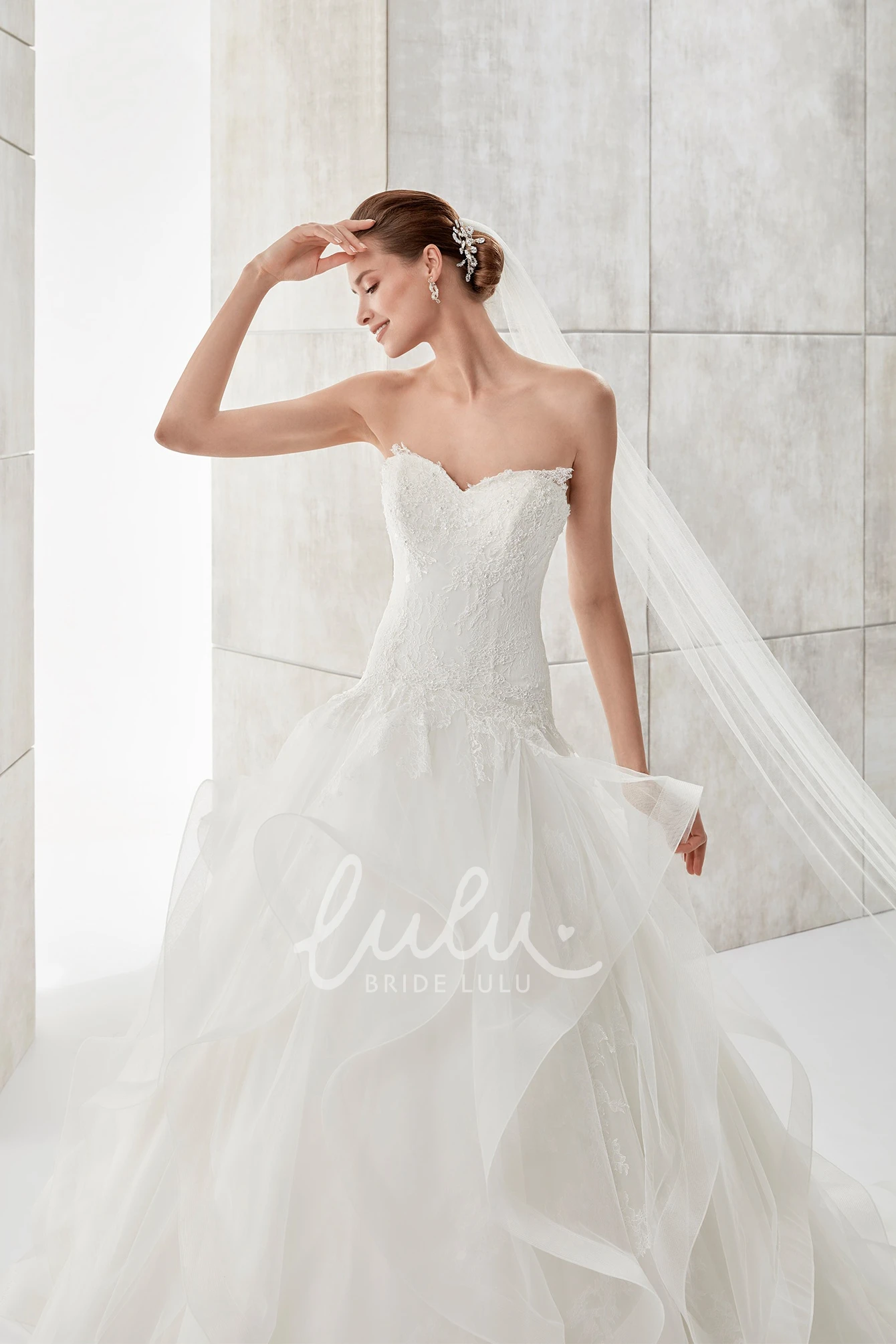 Lace Bodice Ruffled Skirt A-Line Wedding Gown