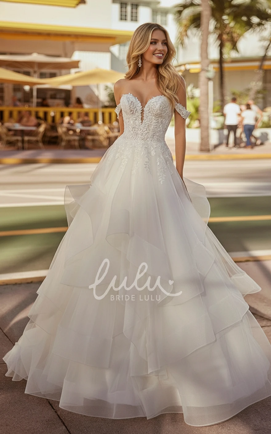 A Line Tulle Wedding Dress Off Shoulder Sweetheart Neck Lace Applique Layered Skirt Bridal Gown Court Train