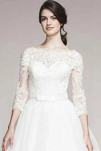 Organza Wedding Dress with Long Sleeves Ball Gown Bateau-Neck Style