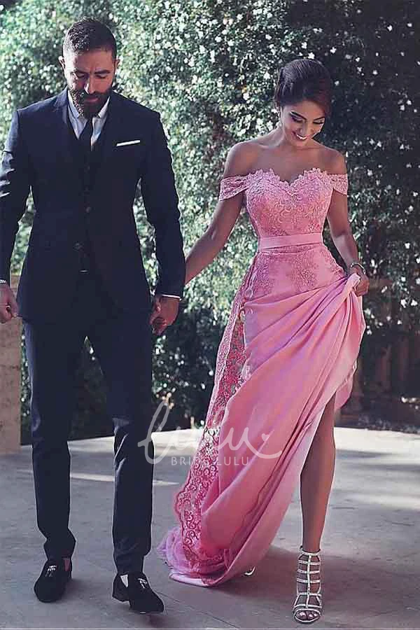 Satin Lace Off-the-shoulder Sheath Formal Dress Cap Short Sleeve