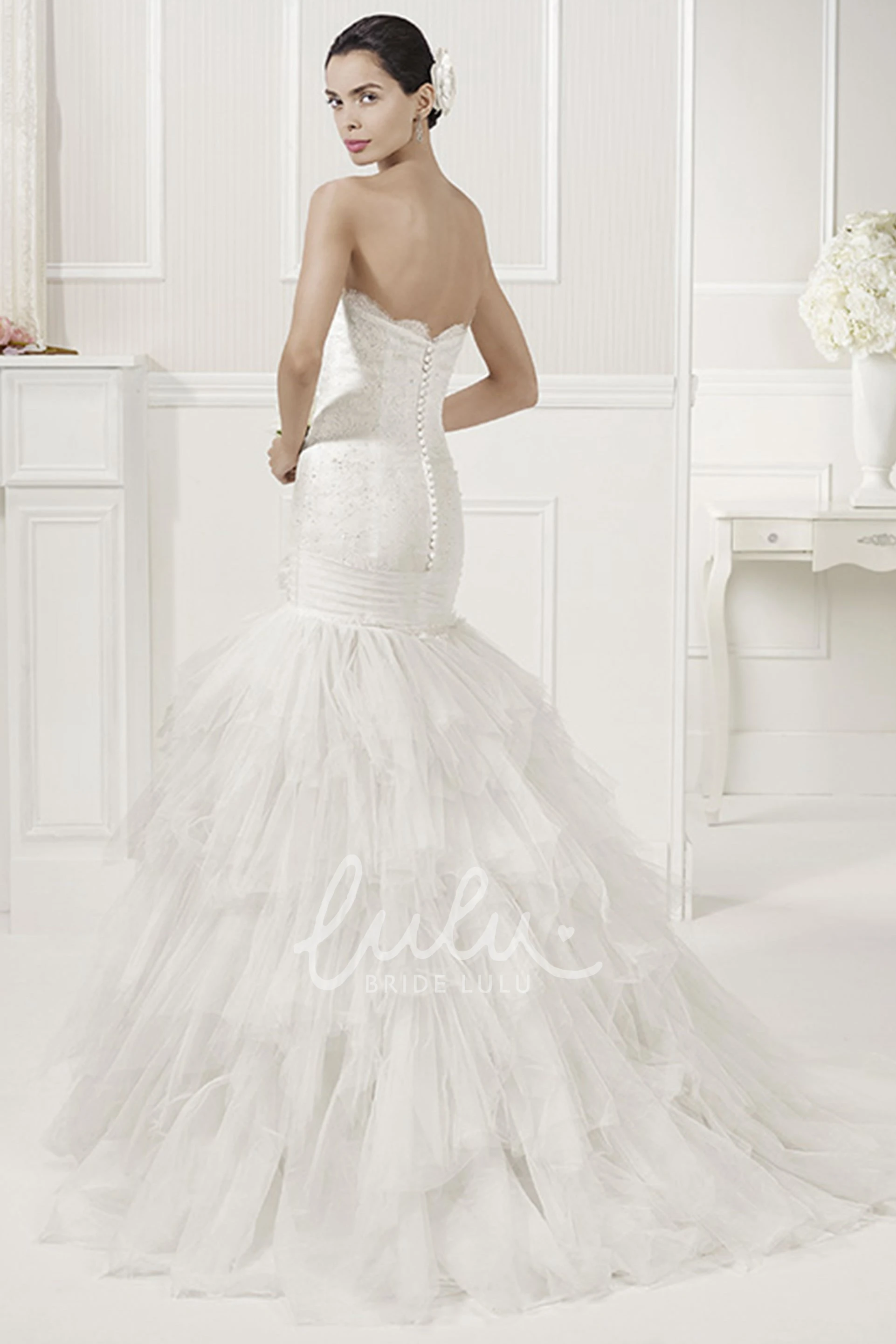 Tiered Tulle Mermaid Wedding Dress with Sweetheart Neckline Removable Lace Cap Sleeves and Train