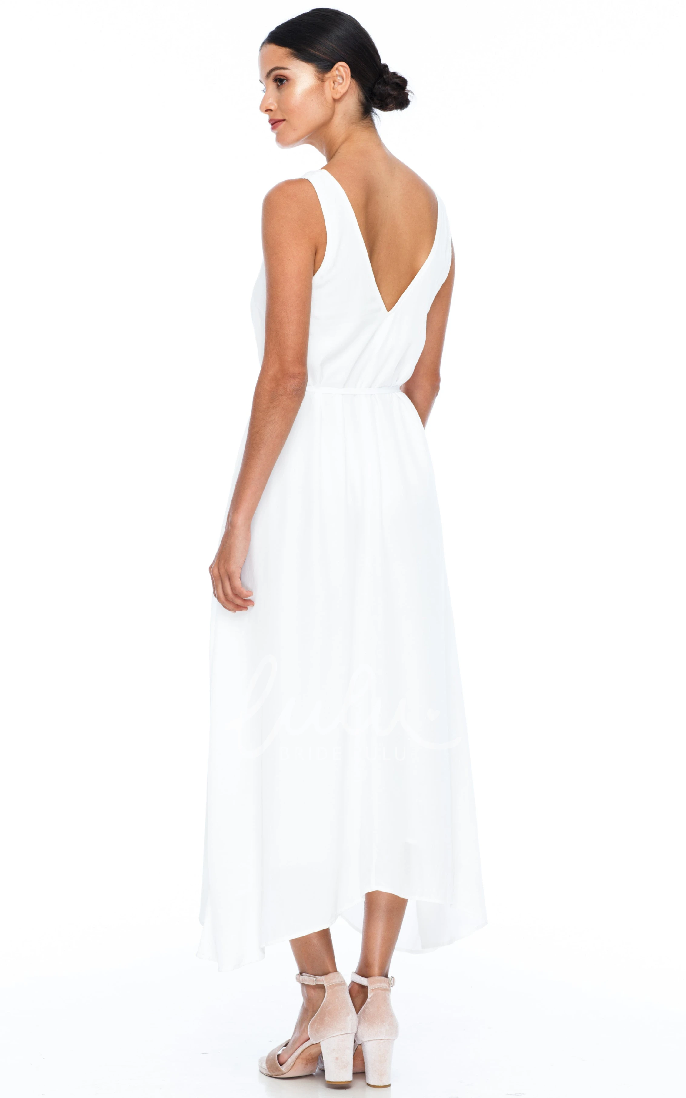 Charmeuse V-neck Bridesmaid Dress with Low-V Back and Sash Casual Bridesmaid Dress