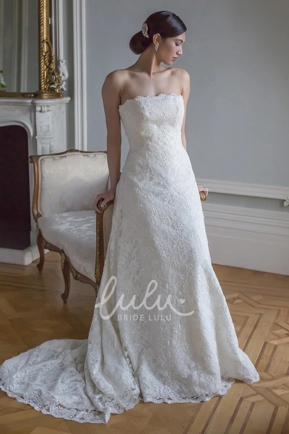 Strapless Sequined Lace Wedding Dress with Appliques and Court Train in A-Line Style