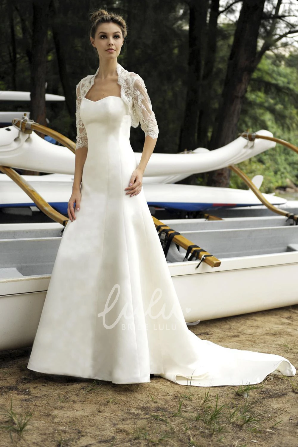 Jeweled Satin Long-Sleeve Wedding Dress with Cape Elegant Bridal Gown