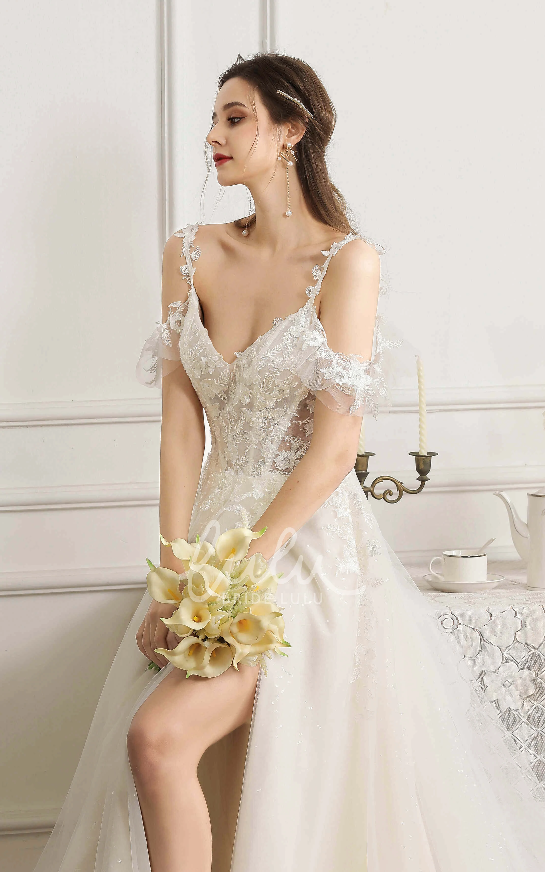 Boned Front Split Wedding Dress with Lace Appliques and Off-the-shoulder Sleeves