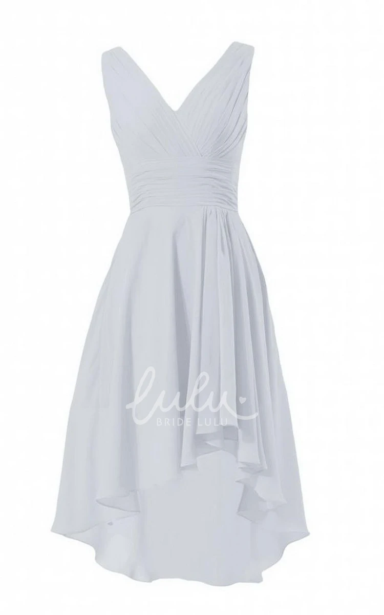 V-neck High-low Sleeveless Chiffon Prom Dress with Ruching