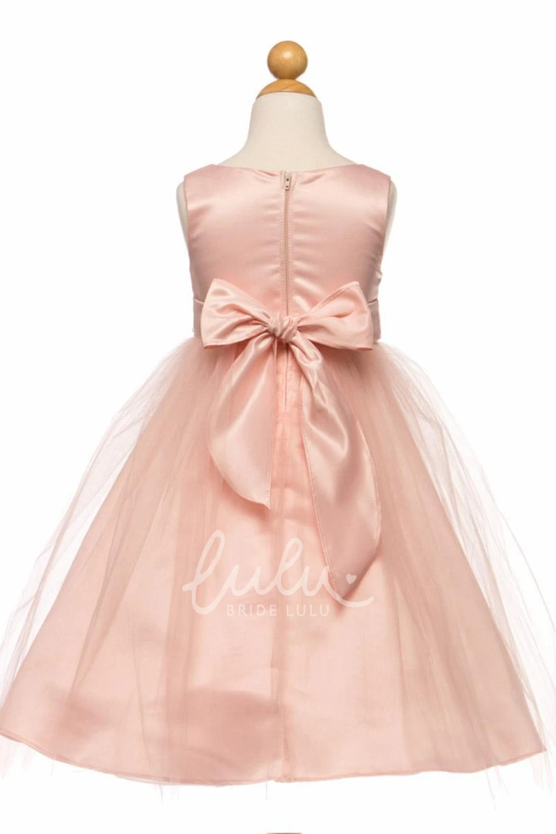 Beaded Tulle&Satin Tea-Length Flower Girl Dress with Broach and Tiered Skirt