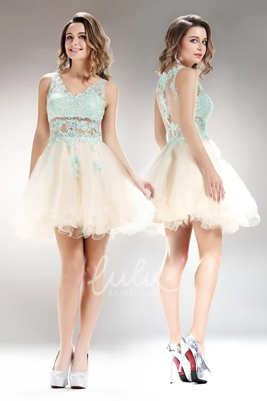 Mini V-Neck Lace Illusion Dress with Appliques for Bridesmaids in A-Line Style