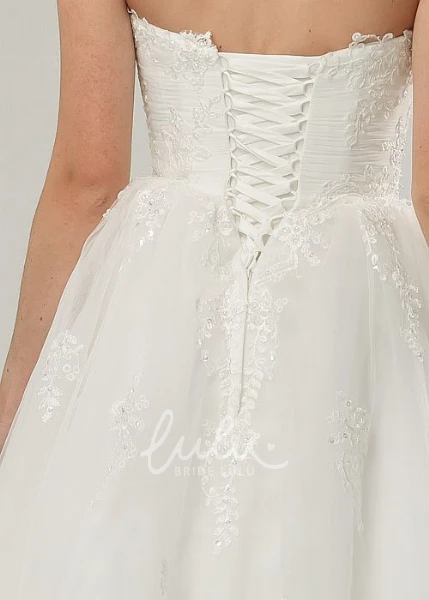 Tea-Length A-Line Tulle Wedding Dress with Appliques and Corset Back Strapless
