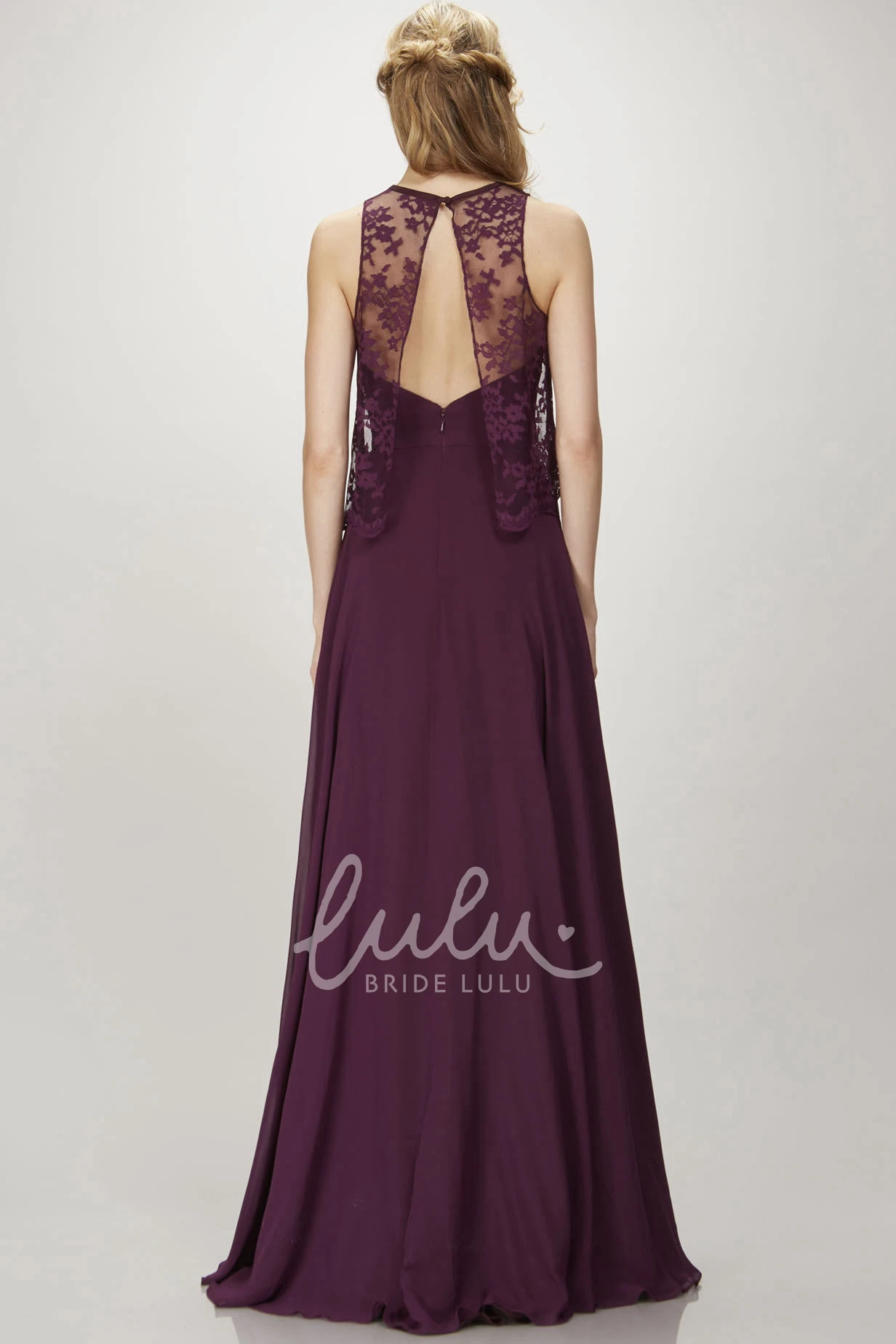 High Neck Appliqued Chiffon Bridesmaid Dress Sleeveless Low-V Back